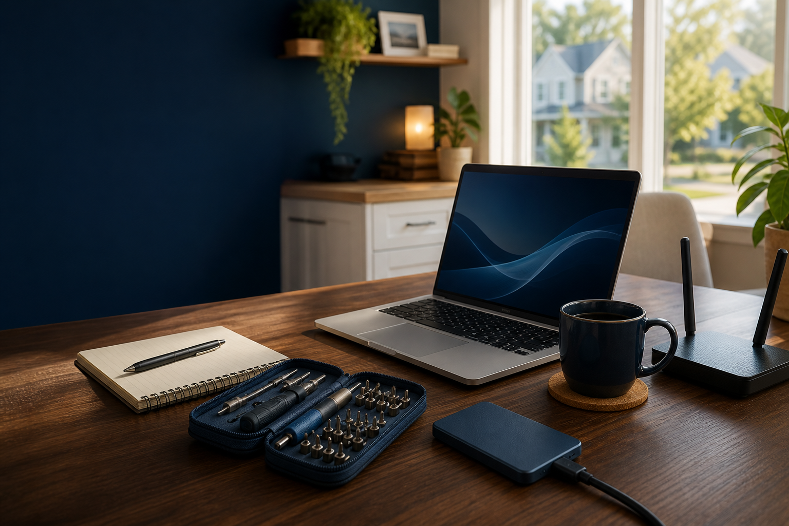 A warm home workspace with a laptop, router, repair tools, and notes ready for a tech support visit.